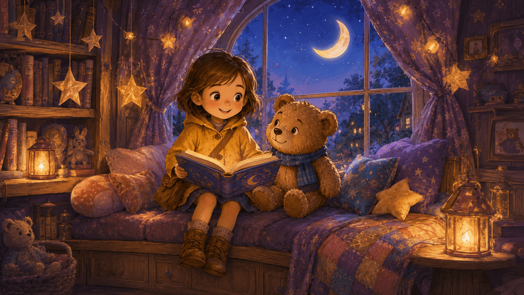 A young storyteller and her bear companion exploring an illustrated world that changes from a bright fantasy landscape to a warmly lit nighttime reading room.